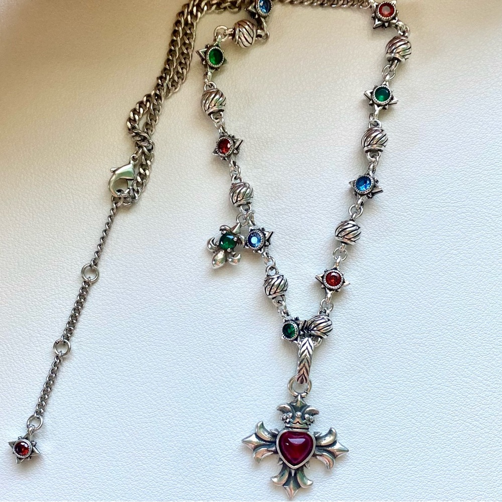 Sterling Silver Multi-Gem Heart Pendant Necklace - Red, Green & Blue